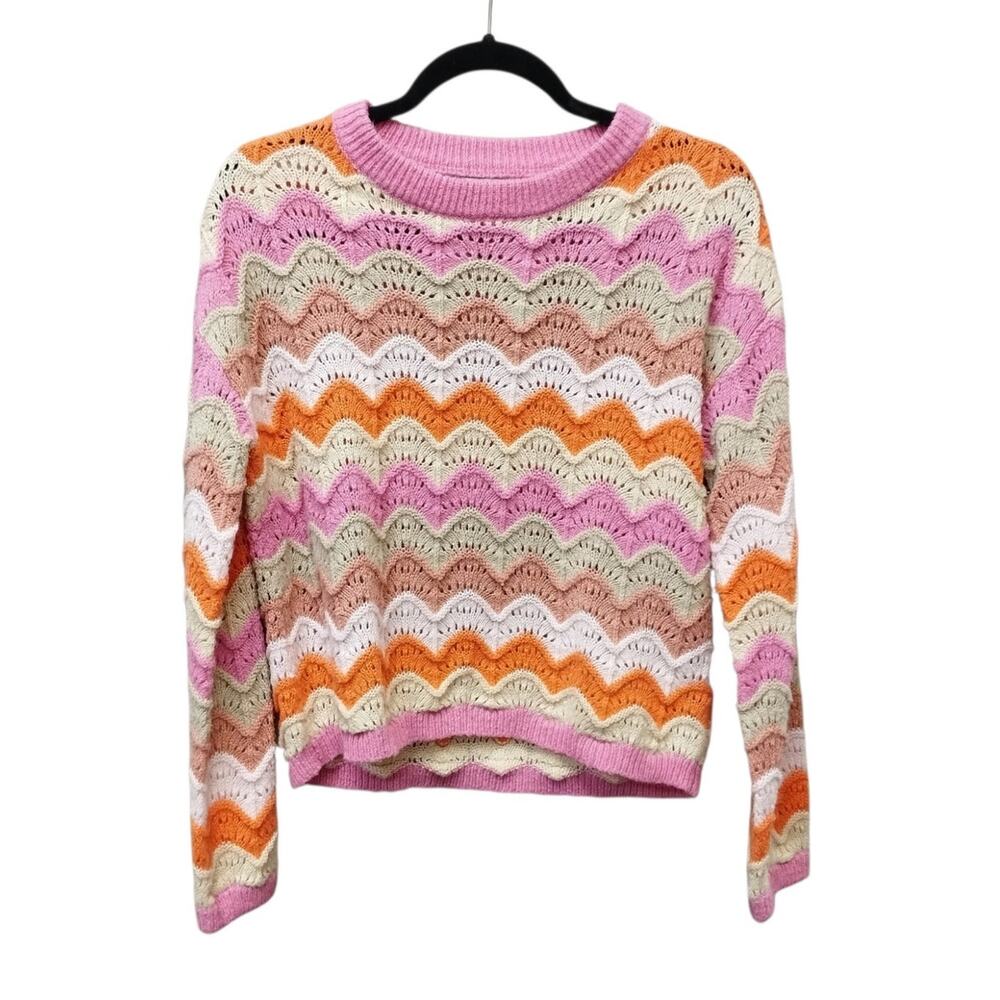 FRNCH Paris Womens Rainbow Striped Open Knit Sweater Small Hippie Beachy Travel